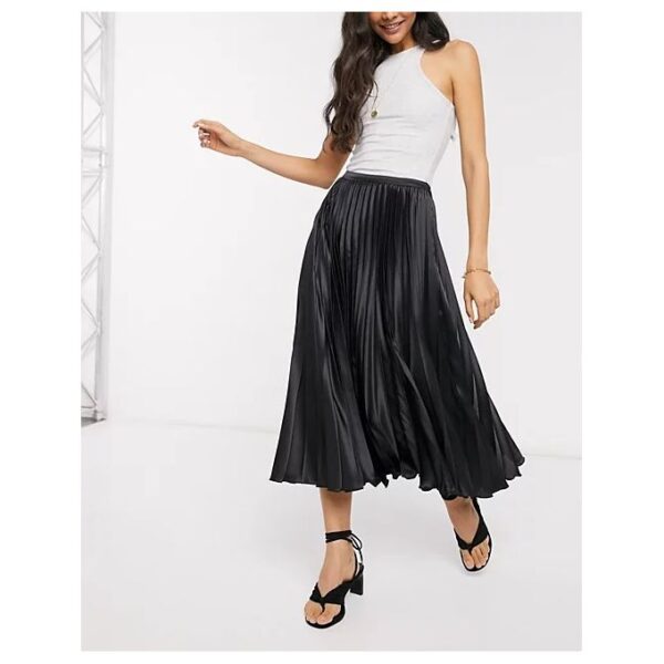 Jupe Plissé Femme En Satin Mi-Longue - Noir